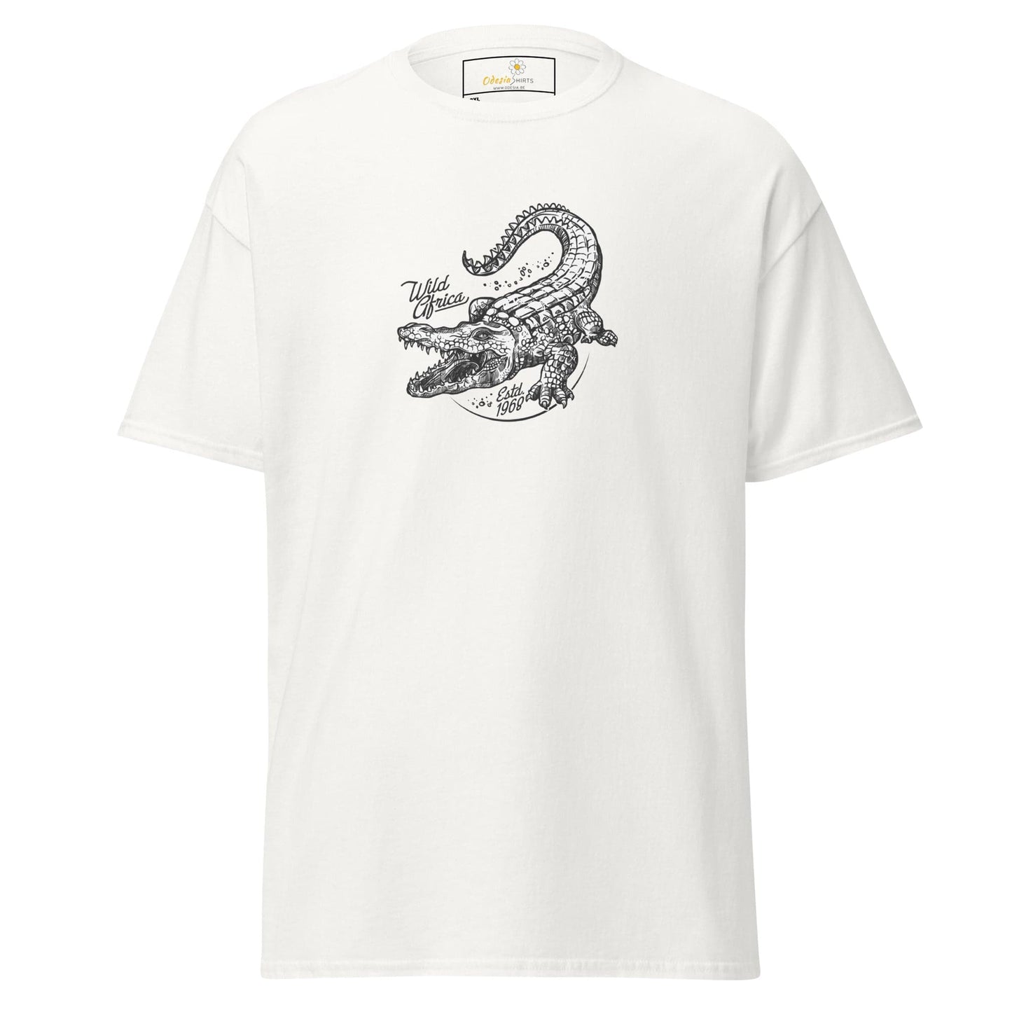 White t-shirt with crocodile graphic.