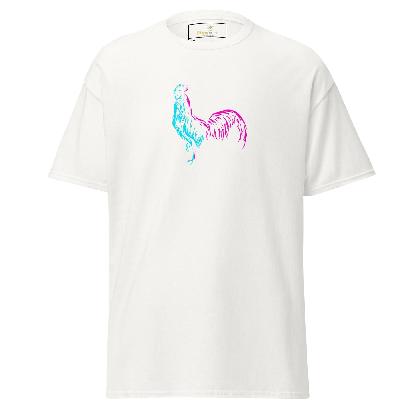 White T-shirt with a colorful rooster design for men and women in 2XL to 5XL sizes
