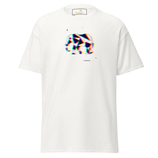 White t-shirt with geometric elephant design.